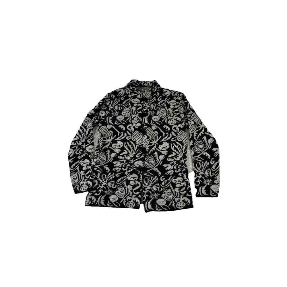Baby Alpaca Sweater Cardigan Womens‎ Medium Black Floral Animal Knit Button Peru